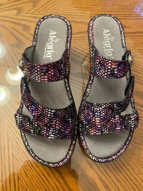 Alegria Purple Multi-Color Snake-Print Slide Sandals